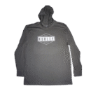 👕 Remera gris de manga larga con capucha para hombre de Hurley. Logo frontal en forma de diamante con el nombre "Hurley" y "International Trademark". Fabricada en algodón suave