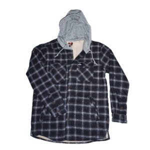 🌲 Campera tipo buzo Quiksilver Iron Leñador para hombre. Estampado de cuadrillé gris y negro. Interior y capucha forrados en corderito gris suave y cálido. Cierre frontal con botones símil madera.