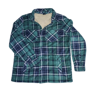 🌲 Campera tipo buzo Hurley para hombre con estampado de cuadrillé verde, blanco y negro. Interior completamente forrado en corderito ultra suave. Cierre frontal con botones broches verdes.