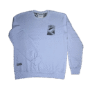 👕 Buzo celeste gastado Denim & Flower Ricky Singh de tela suave. Estampa frontal pequeña de tabla de surf. Estampa trasera grande "ocean nomad" con playa y surf.