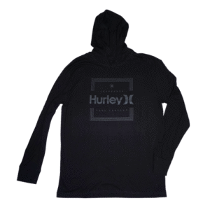👕 Remera negra de manga larga con capucha para hombre de Hurley. Logo frontal enmarcado "Hurley Surf Company". Fabricada en algodón suave