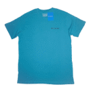 👕 Remera turquesa de manga corta para hombre marca Columbia. Estampa de paisaje montañoso en tonos azules en la espalda. Logo de Columbia bordado en el pecho