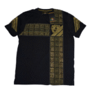 👕 Remera negra de manga corta para hombre marca Casa Moda Couture con detalles brillantes dorados formando patrones geométricos y un diseño de cabeza de león dorada central. Tejido de punto. Estilo lujoso y audaz