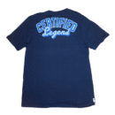 👕 Remera azul de manga corta para hombre marca Super Massion. Bordado de oso con ojos en "X" en el pecho. Estampa "Certified Legend" en la espalda