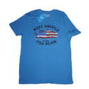 👕 Remera azul de manga corta para hombre marca Columbia PFG. Estampa de pez con bandera de Estados Unidos y texto "MAKE AMERICA FISH AGAIN".