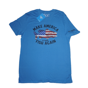 👕 Remera azul de manga corta para hombre marca Columbia PFG. Estampa de pez con bandera de Estados Unidos y texto "MAKE AMERICA FISH AGAIN".
