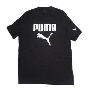 👕 Remera negra de manga corta para hombre marca Puma. Logo grande de Puma en color blanco en el pecho y logo pequeño bordado en la manga izquierda. Fabricada en algodón