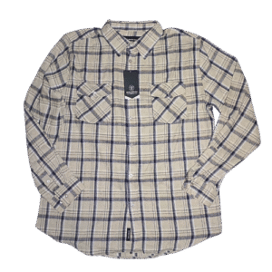 Camisa de manga larga para hombre marca Molokai Surf Co. con patrón de cuadros en tonos beige, marrón y azul. Tiene dos bolsillos frontales con solapa y un corte Regular Fit. Tejido con apariencia de franela o lana