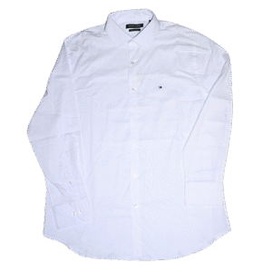 Camisa Tommy Hilfiger blanca de manga larga para hombre. Diseño Slim Fit con tejido stretch. Tiene cuello abotonado, botones frontales y el logo bordado en el pecho. Ideal para vestir y ocasiones formales