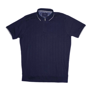 👕 Polo negro de manga corta para hombre marca Cactus Man "Ricky Sing Jacquard". Tejido jacquard con textura de líneas verticales, cuello tipo polo con cierre de cremallera cromada e interior de cuello estampado cachemir