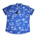 👕 Camisa de manga corta para hombre marca Lantkaisurf color azul con estampado de palmeras blancas. Confeccionada en tejido de poliéster con stretch. Cuello clásico y bolsillo en el pecho